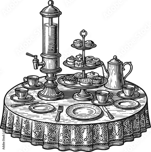 Vintage tea party setting with samovar, teapot, cups, saucers, and tiered dessert stand on lace tablecloth