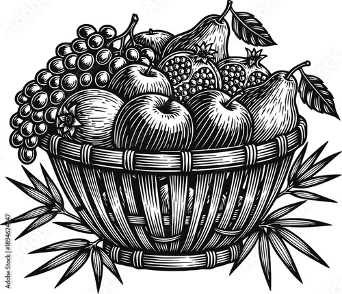 Basket of fresh fruit illustration with apples, pears, grapes, and pomegranates in vintage engraving