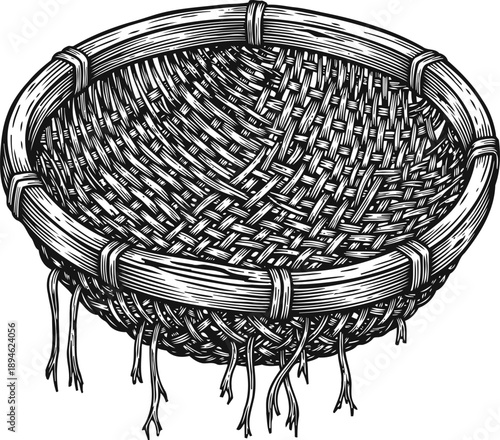 Round handwoven basket with natural fibers and frayed edges for carrying and storage