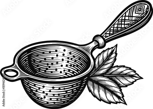 Hand drawn tea strainer with leaves vintage kitchen utensil for loose leaf tea brewing