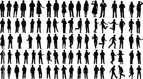 Large set of diverse people silhouettes featuring men and women in various poses standing walking talking and dancing for community projects