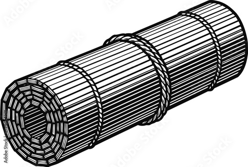 Rolled bamboo mat tied with rope, natural woven material for floor or wall covering