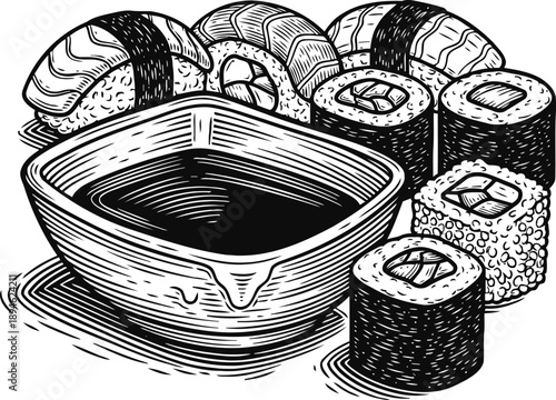 Sushi platter with soy sauce bowl japanese cuisine with maki rolls, nigiri, fresh seafood and rice set