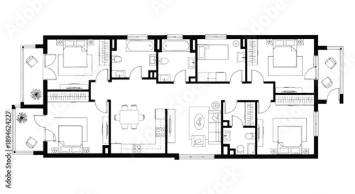 Detailed floor plan of a multi room building with interior layouts and design elements on transparent background silhouette high quality professional detailed