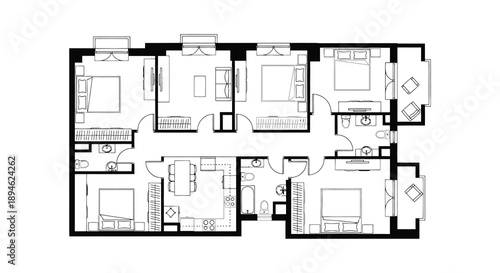 A detailed black and white floor plan of a multi room apartment layout ideal for design projects on transparent background silhouette
