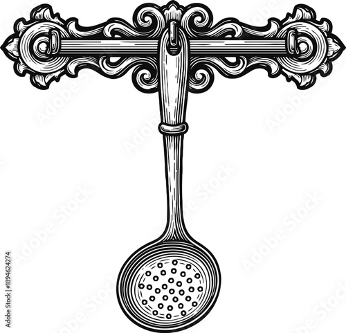 vintage ornate kitchen strainer hanging on decorative wall hook in engraving