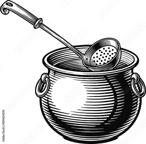 Vintage cooking pot with perforated ladle classic kitchenware engraving illustration