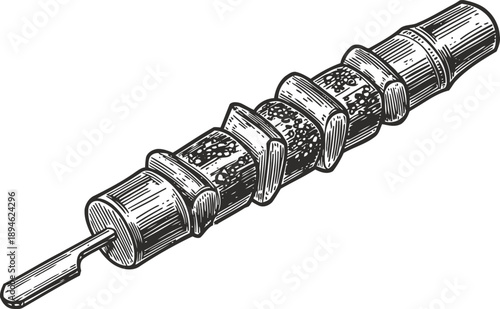 Grilled meat skewer on stick with separate slices, vintage barbecue food illustration