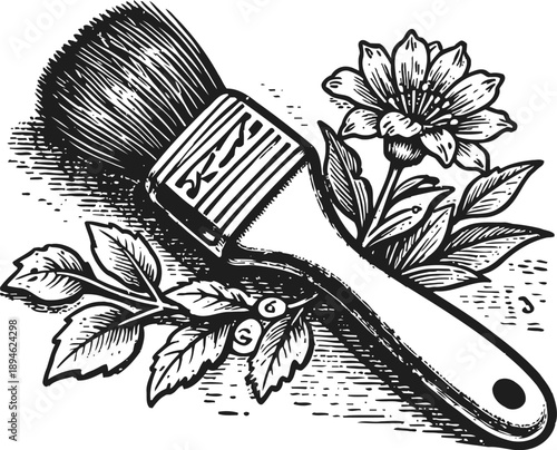 vintage shaving brush with floral decoration retro grooming accessory illustration with flowers and leaves