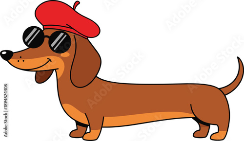 Cute dachshund dog wearing beret and sunglasses cartoon pet illustration