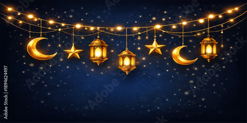 Vector illustration of a dark blue winter night sky with a crescent moon and stars over a glowing Christmas tree and snowy landscape for a holiday greeting card design