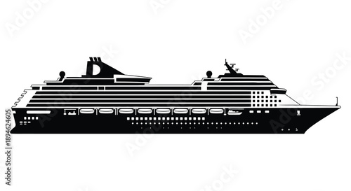A sleek black silhouette of a large cruise ship showcasing detailed deck features on transparent background high quality professional modern elegant