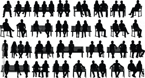 Silhouettes of seated people, bench posture icons, public sitting, black vector design, human interaction, relaxed pose, outdoor scene, minimal style