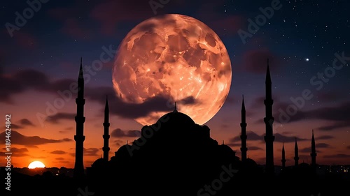 Silhouette of a grand mosque and tall minarets dramatically set against a massive, glowing blood moon during a vibrant sunset or twilight sky.