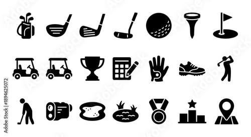 Golf solid icon set with clubs, bag, cart, trophy, and course symbols