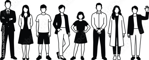Vector silhouettes of diverse people, standing together, showcasing fashion, posture, identity, clothing styles, professions, unity, casual and formal wear