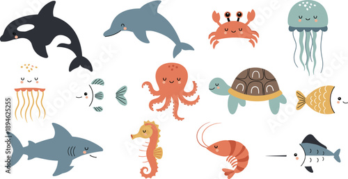Cute sea animals collection with dolphin shark turtle octopus crab jellyfish and tropical fish illustration