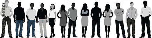 Stylized human figures, standing in row, diverse attire, casual and semi-formal clothing, posture variation, demographic illustration, vector design, diversity