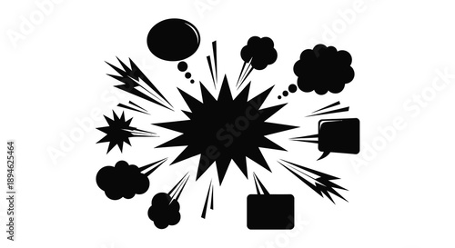 A collection of black speech bubbles and explosion effects ideal for comics and graphic design on transparent background silhouette high quality