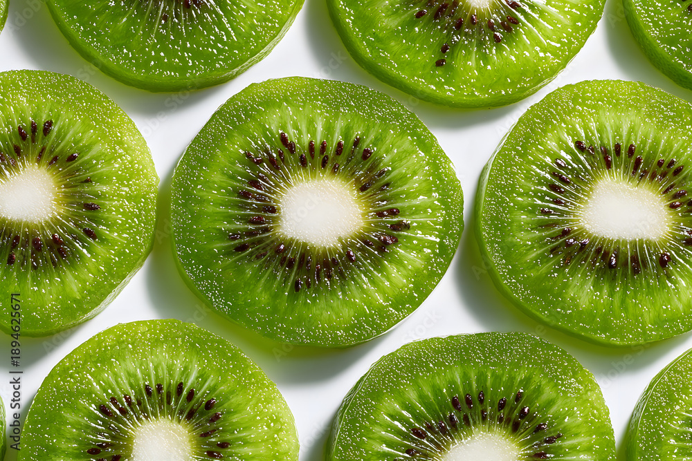 Fototapeta premium Thinly Sliced Kiwi Fruit in Vibrant Arrangement with Flat Lay Pattern for Fresh Culinary Inspirations