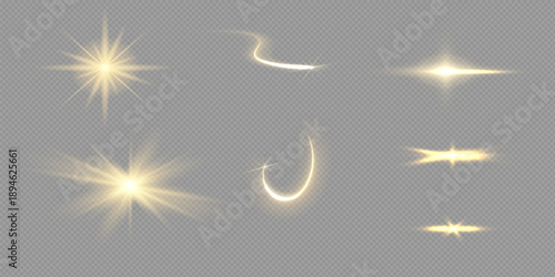 Glow isolated white transparent light effect set, lens flare, explosion, glitter, line, sun flash, spark and stars. Abstract special effect element design.