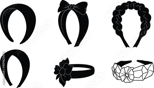 Headband silhouettes, vector illustration, fashion hair accessories, bow headband, braided headband, floral hairband, decorative hair accessory design, isolated icons