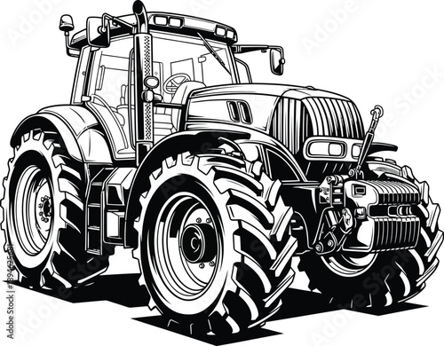 Detailed black and white line art illustration of a modern heavyduty farm tractor.