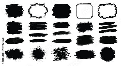 A collection of diverse black brush strokes and frames presented as a silhouette on transparent background high quality professional detailed modern