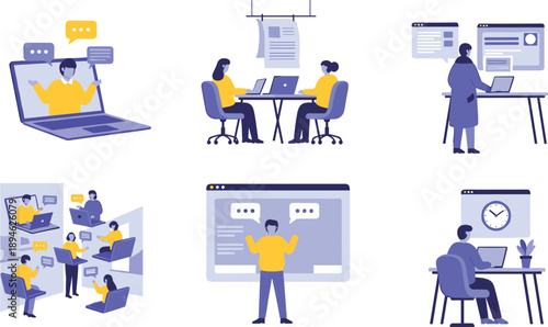 Remote work, virtual collaboration, digital communication, online meetings, workflow illustration, video call icon, co-working space, online presentation, productivity, teamwork scenes