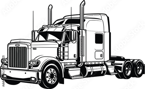 Detailed black and white line art of a classic American semitruck with a long hood and sleeper cab.