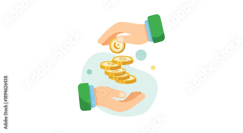 Two hands hold and give gold coins, palms up, with green sleeves and blue cuffs.