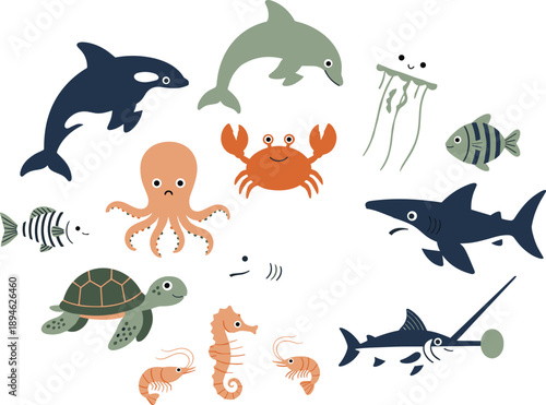 Cute ocean animal characters with dolphin shark turtle octopus crab seahorse and tropical fish illustration set