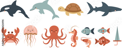 Cute ocean animals collection with dolphin shark turtle octopus crab fish and jellyfish sea illustration set