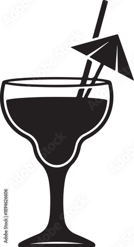 Vector silhouette of a cocktail glass with umbrella and straw