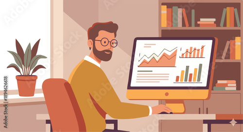 Male Business Analyst Working on Computer with Data Charts and Graphs