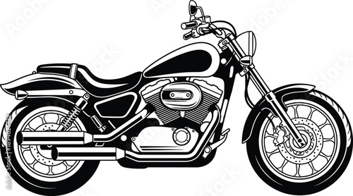 Detailed black and white vector illustration of a classic cruiser style motorcycle.