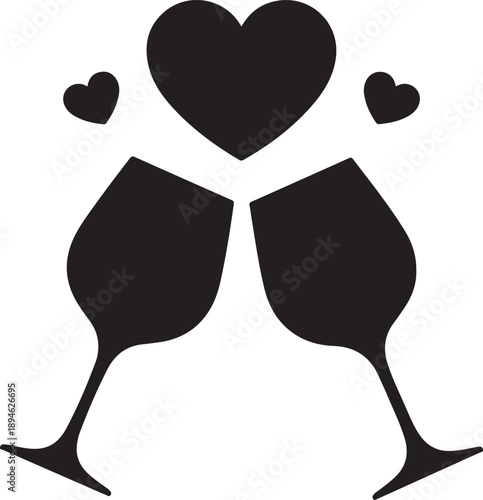 Vector silhouette of two wine glasses with hearts