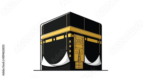 The Kaaba, a cube-shaped building in Mecca, Saudi Arabia, with a gold door and black cloth.