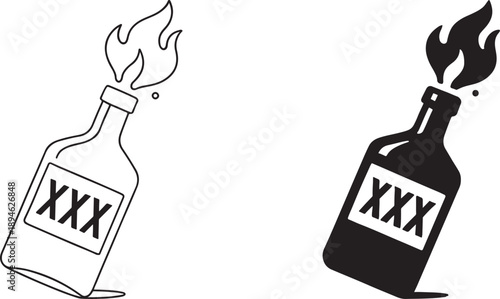 Black bottle with booze in bold silhouette and outline style, clean vector icon for bar use.