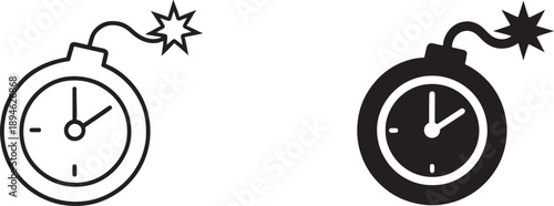 Ticking time bomb icon in black silhouette and outline style, danger and countdown concept.
