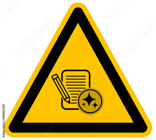 Concepto de escritura y creación de contenido con inteligencia artificial vector icono de advertencia amarillo lápiz y papel con símbolo de IA tecnología de redacción digital