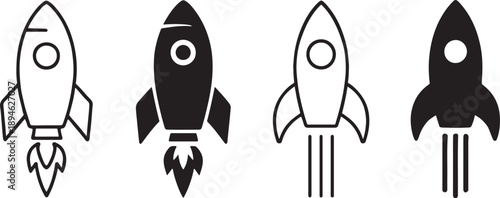 Rocket ship launch icons in black silhouette and outline style for space and startup use.