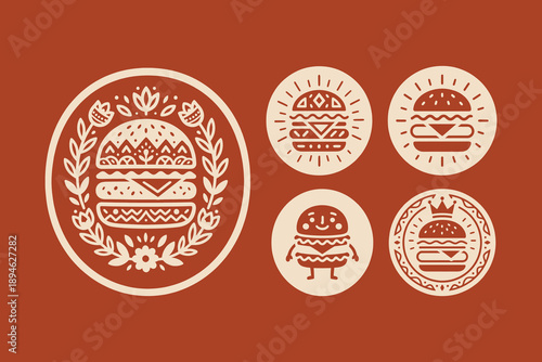 Stylized Folk Art Burger Logo Collection. Vintage Fast Food Icons.