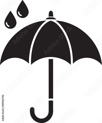 Vector silhouette of black umbrella with rain drops on white background