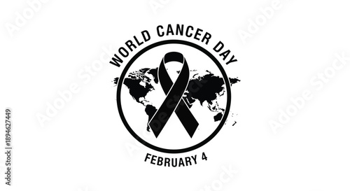 A black ribbon encircles a world map with text for world cancer day february 4th on transparent background silhouette high quality