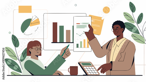 Two business analysts reviewing financial reports and data charts in a modern office setting with calculator and coffee mug