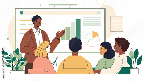 Business presenter explaining data on large screen to diverse team in meeting