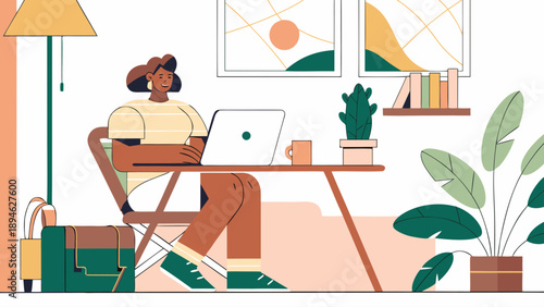 Freelancer working comfortably at home on laptop with plants and decor