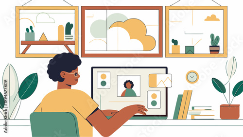 Freelancer working remotely with digital tools on laptop at home office with plants and artwork on wall