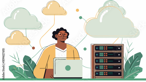 It professional managing cloud data systems with laptop and server